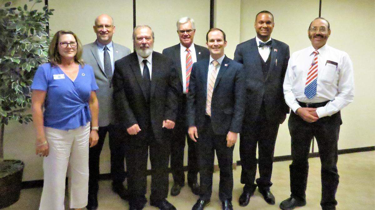 Participants in Friday’s Wichita mayor campaign forum, from left, Amy Lyon, Jeff Longwell, Marty Mork, Lyndy Wells, Brandon Whipple, Brock Booker and Mark Gietzen.