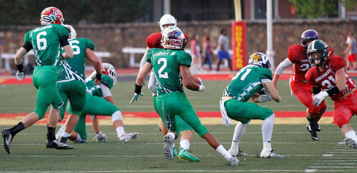 Campus cornerback Federico Harvey Jr. looks for a lane on a kickoff return during the 2018 Kansas Shrine Bowl at Carnie Smith Stadium in Pittsburg, Kansas. The East beat the West 21-14. (July 28, 2018)