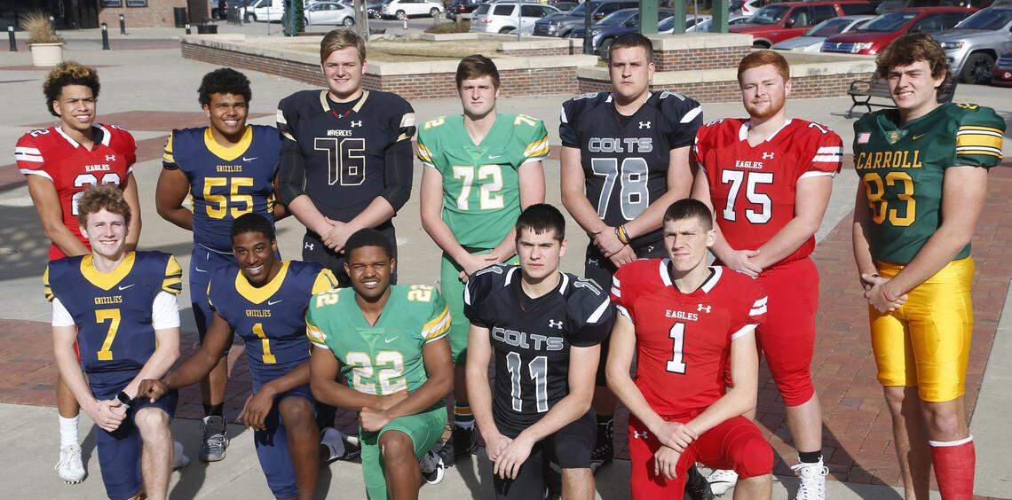 All Metro offensive team, front row from left: Regan Jones, Northwest quarterback, Breece Hall, Northwest running Hall, Tre Washington, Derby running back, Tyler Kahman, Campus receiver, Caleb Grill, Maize punter,  Back row left to right: Prevon Christon, Maize receiver, Javon Wheeler, Northwest offensive line, Cody Fayette, Maize South offensive line, Bryce Atkinson, Derby offensive line, Seth Falley, Campus offensive line, Nic Devore, Maize offensive line, Clay Cunduff, Bishop Carroll tight end. (November 28, 2018)