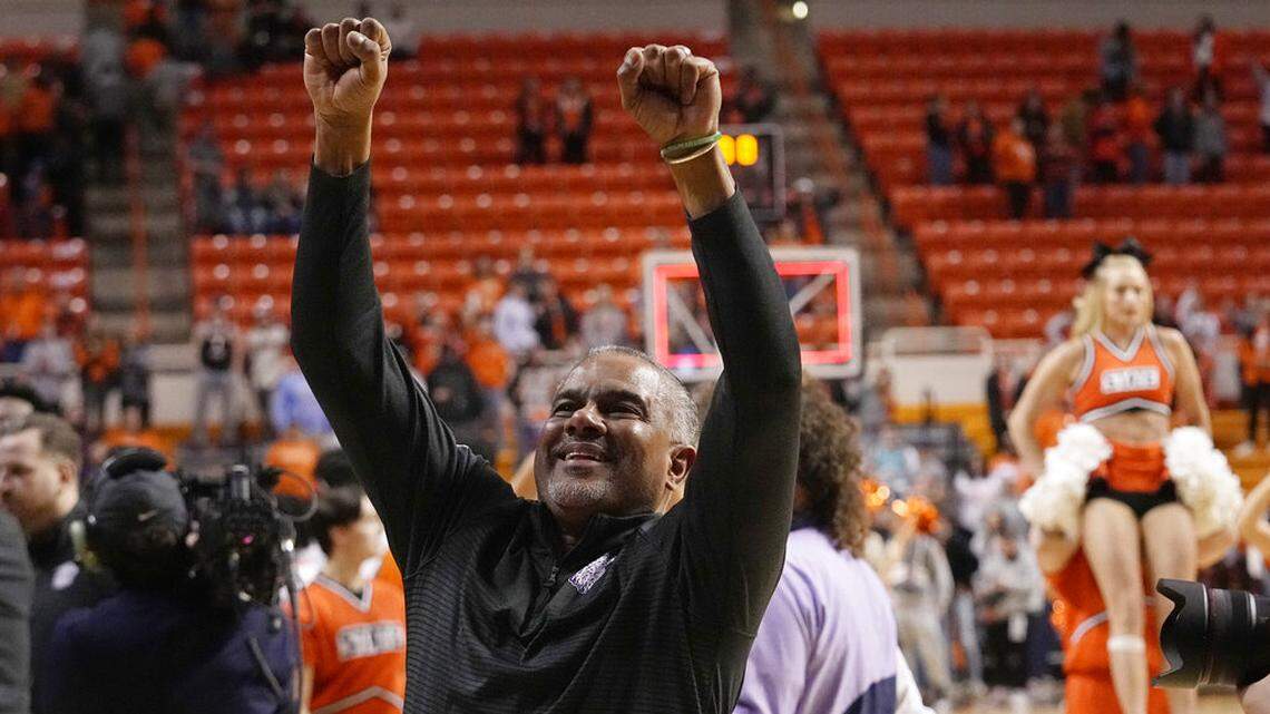 Kansas State head coach Jerome Tang gestures to fans after Kansas State defeated Oklahoma State in an NCAA college basketball game, Saturday, Feb. 25, 2023, in Stillwater, Okla.