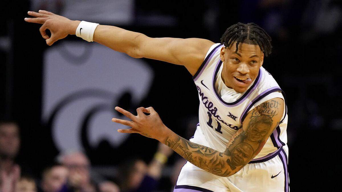 Kansas State forward Keyontae Johnson celebrates after making a basket during the first half of an NCAA college basketball game against Texas Saturday, Feb. 4, 2023, in Manhattan, Kan.