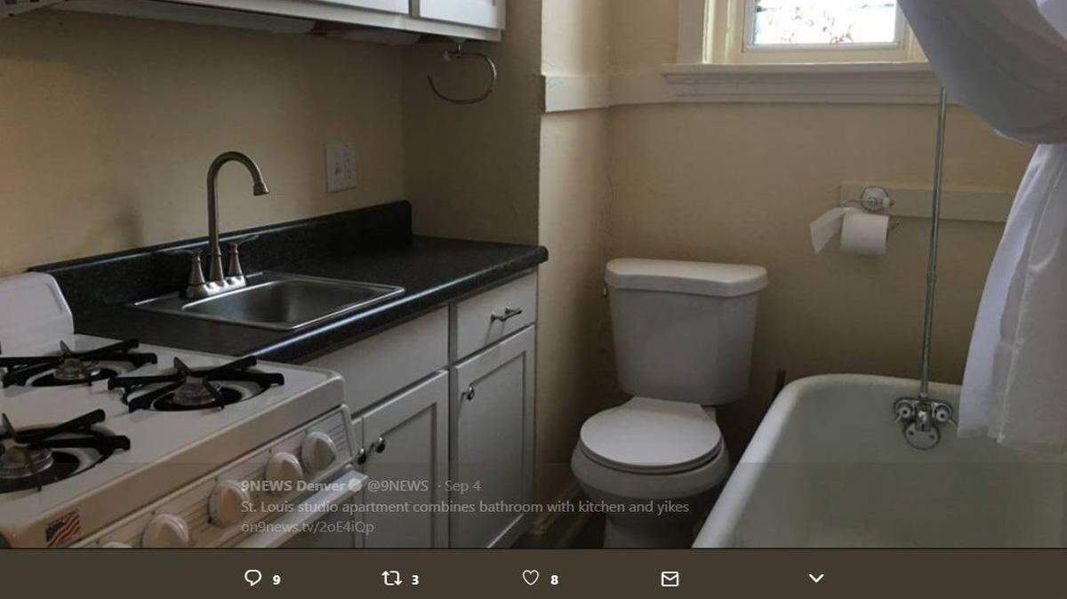 The bathroom and the kitchen have a shared space in this St. Louis apartment.