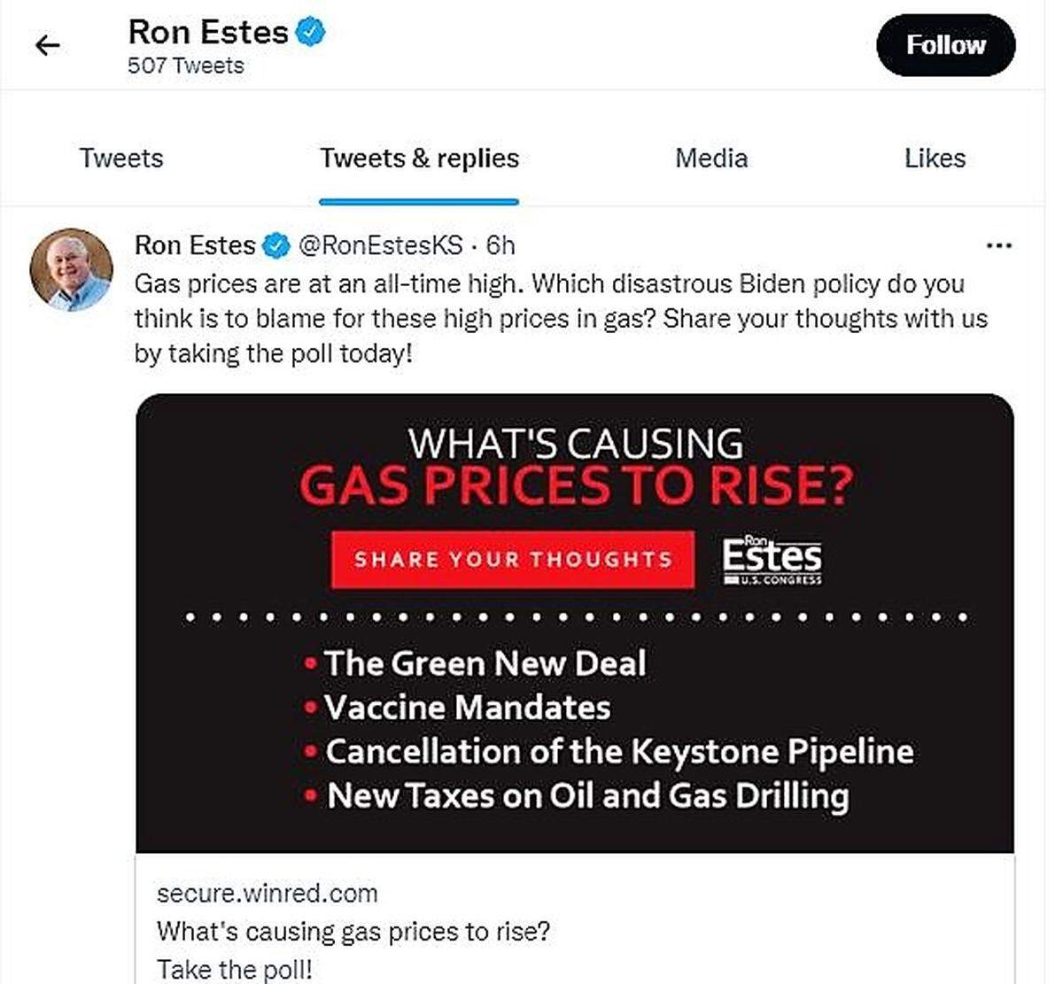 Screen shot of Rep. Ron Estes’ tweet.