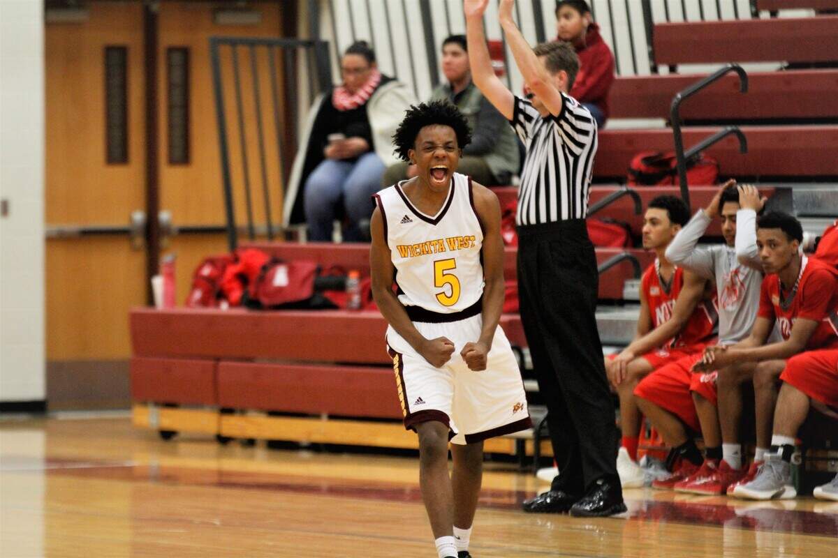 Wichita West senior guard Cavion Williams celebrates a three-pointer during the Pioneers’ 54-37 win over Wichita North on Tuesday night. (Jan. 22, 2019)