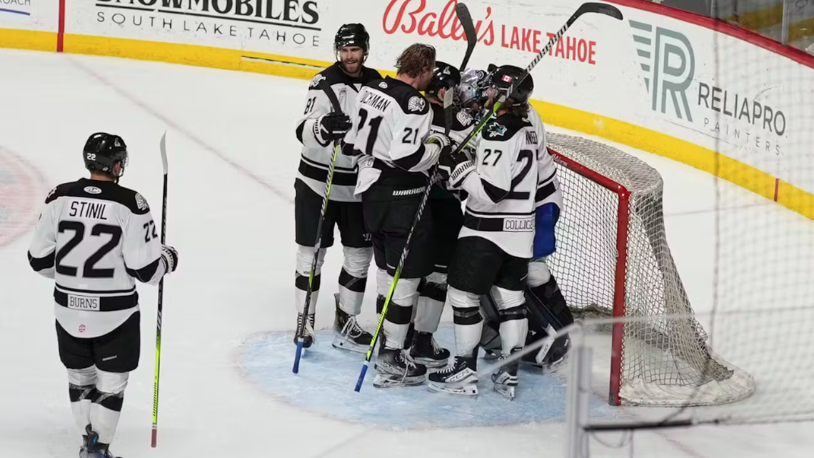The Wichita Thunder celebrate a 3-2 win at Tahoe on Friday that clinched the franchise’s first playoff berth since 2021.
