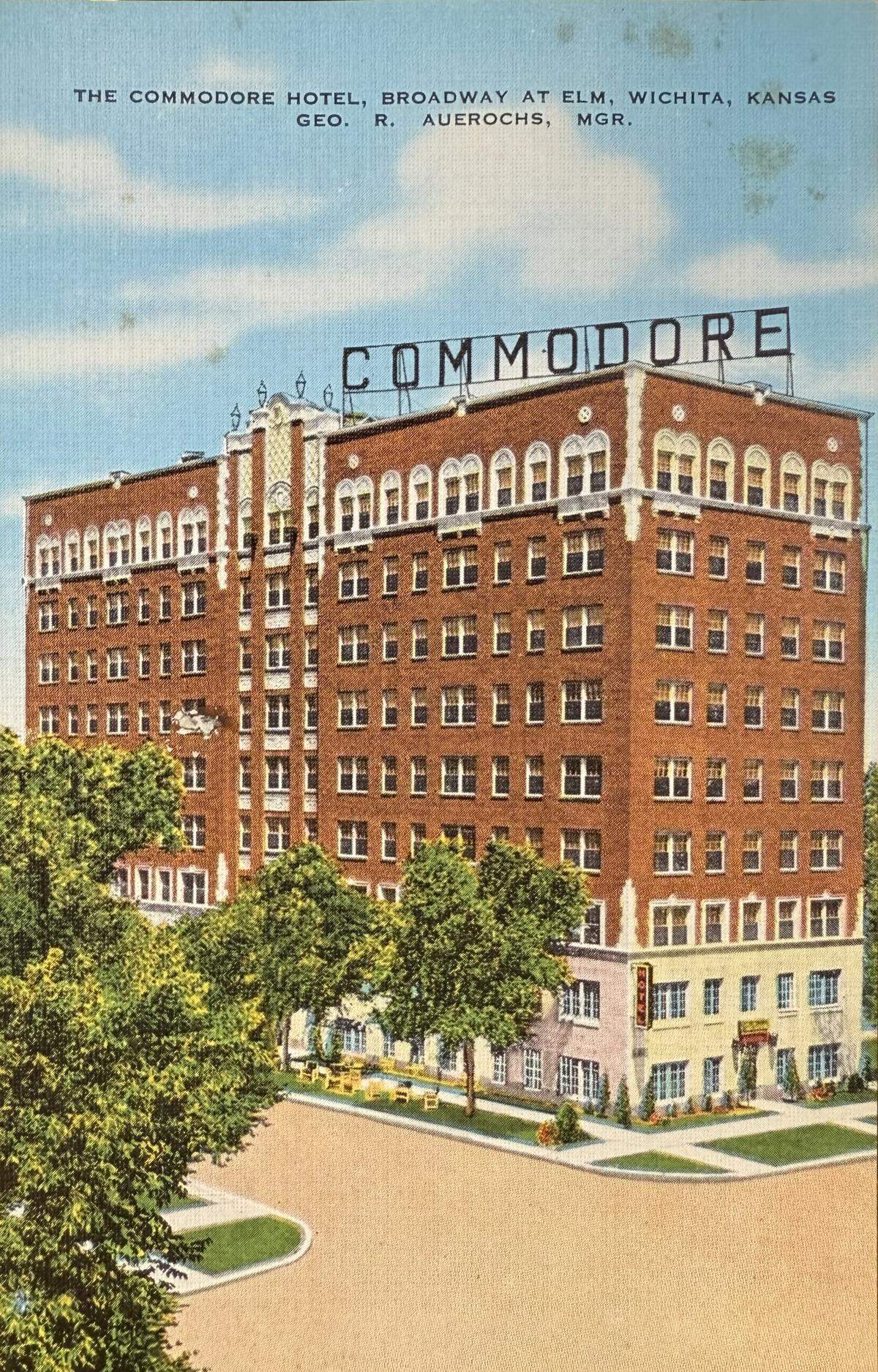 An early postcard of the 1929 Commodore building in Wichita.