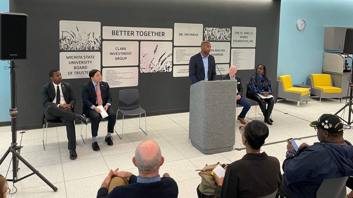 Cargill Proteins business manager Careem Gladney speaks at an event announcing the company’s $2 million education and workforce readiness grant program. The event was held at the Steve Clark YMCA on Wichita State’s campus. (3/22/22)