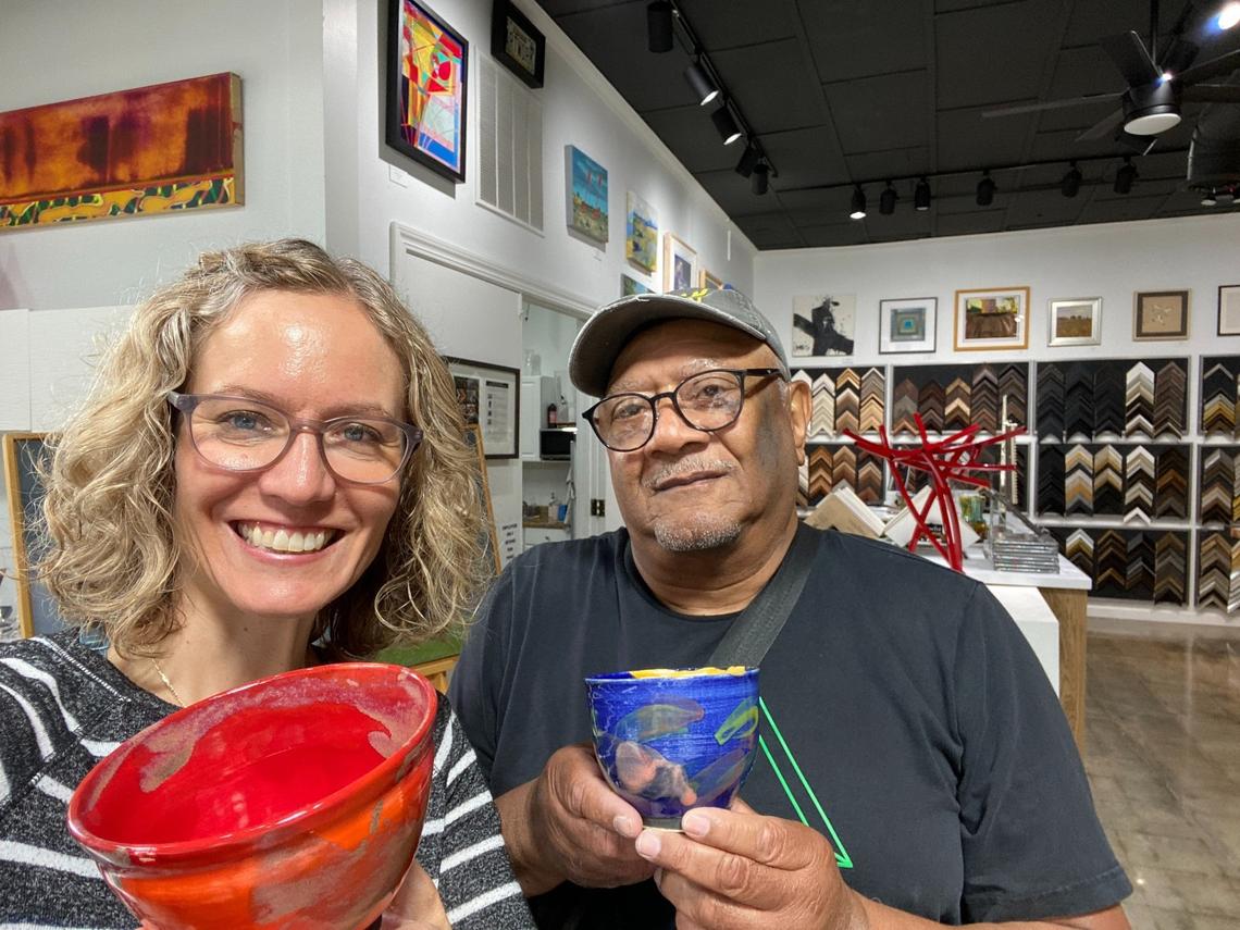 Frank Martinez, a retired Newman University art professor, and Brenda Lichman, founder of Empty Bowls Wichita. Martinez was dropping off a donation of bowls he made for Empty Bowls Wichita, which raises money for local food-related charities.