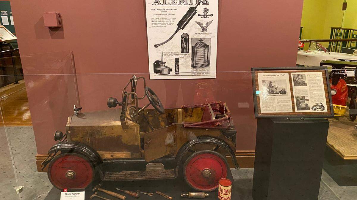 The 1927 American National Alemite Packard 6 on display in the “Metal to the Pedal” exhibition at the Wichita-Sedgwick County Historical Museum is thought to be the only one of its kind still in original condition and including the tools that came with it. One of the tools is a working grease gun that kids could use to grease the car’s wheels.