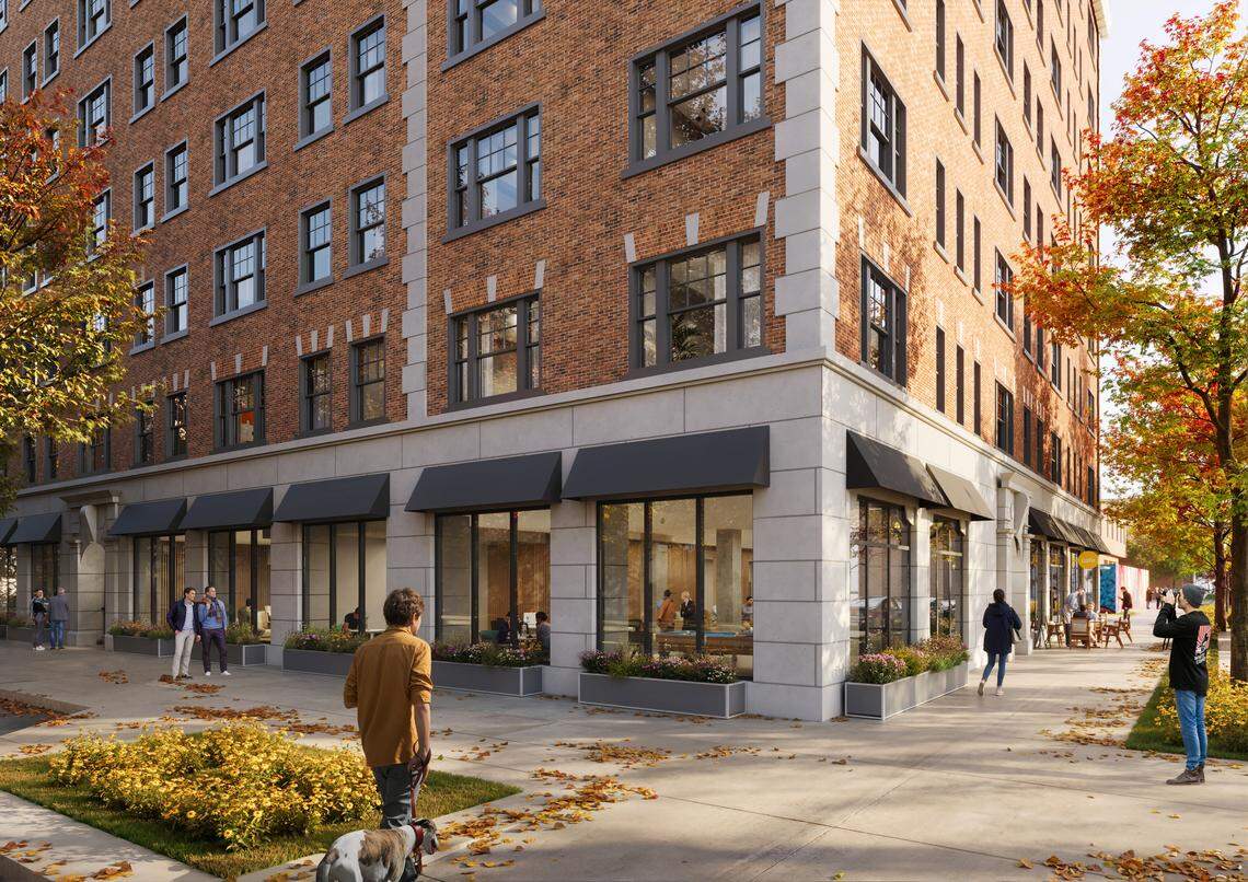 This tranquil scene with sidewalk seating is quite the change from what’s around the Shirkmere Apartments downtown today.
