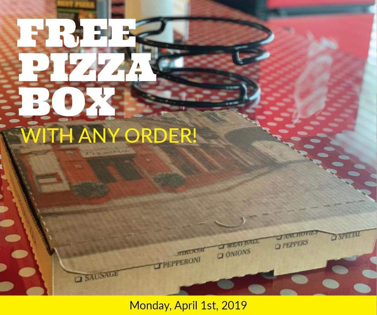 Knolla’s Pizza is getting in on the April Fools’ Day fun today. Though you really can get a free pizza box with any order.