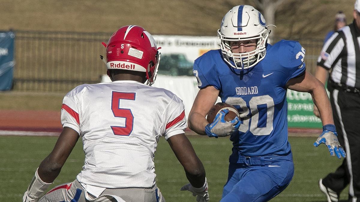 Benjamin Bannister #30 of Goddard tried to get past Jaylen Scruggs #5 of Bishop Miegein the Kansas Class 4a championship Saturday, November 24, 2018 at Topeka Hummer complex. Bishop Miege won the championship 69-31