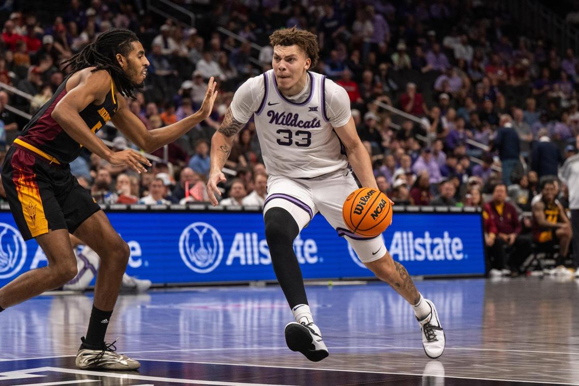 Kansas State Wildcats forward Coleman Hawkins drives the ball into the lane in the second half of the Big 12 Championship First Round game vs. the Arizona State Sun Devils on Tuesday, Mar. 11, 2025 at T-Mobile Center.