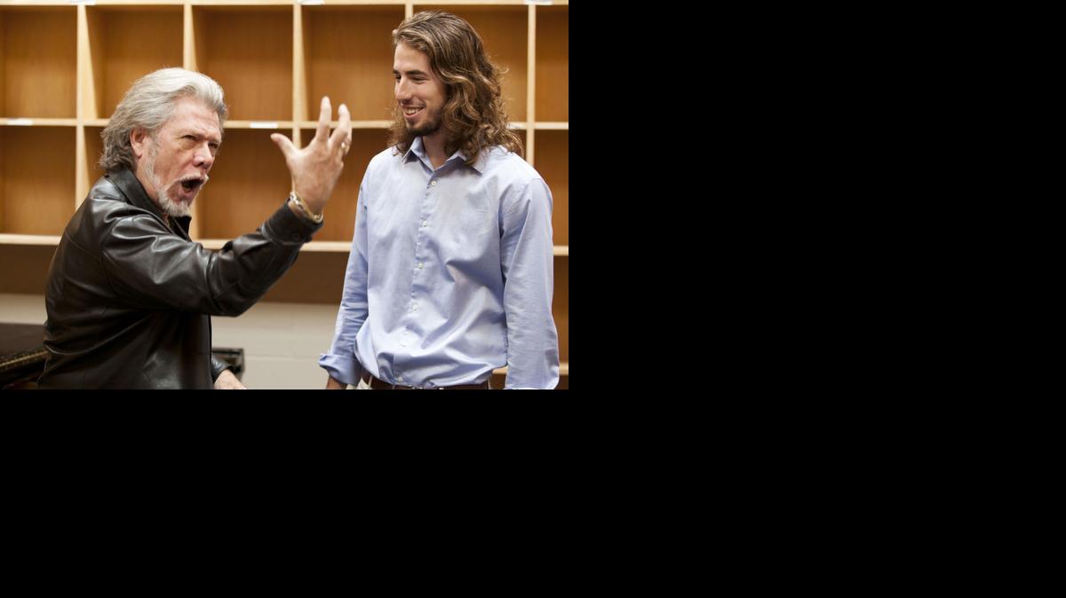 Opera star and Wichita State graduate Samuel Ramey works with WSU student Andrew Simpson in 2012.

