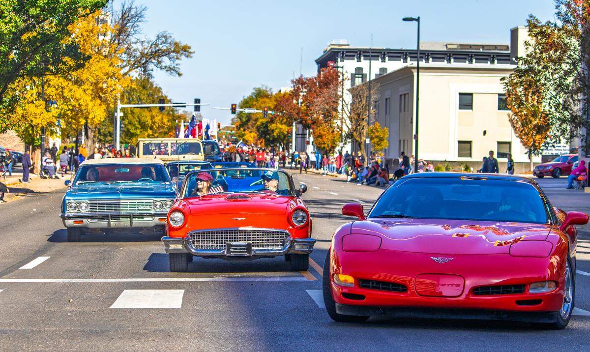 Vintage cars cruise down Main Street during Saturday's 2025 Veterans Day parade.