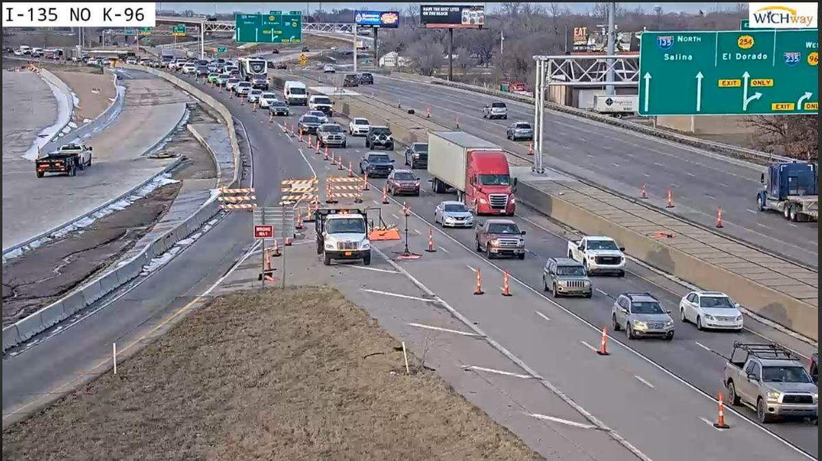 The southbound I-135 ramp to eastbound K-96 in Wichita is closed until further notice. KanDrive cameras showed the ramp closed as of 4:24 p.m. Thursday.