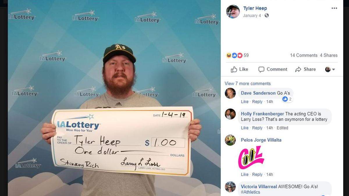 Tyler Heep won a dollar from a $1 scratch-off ticket — and turned that into a “big” check.