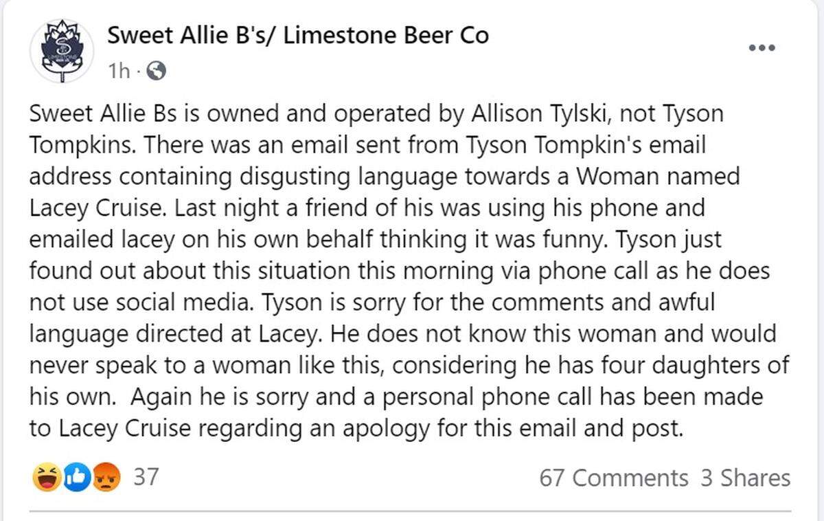 A response to the e-mail sent to Sedgwick County Commissioner Lacey Cruse was posted on the Sweet Allie B’s Facebook page on Thursday. The page was taken down later in the day.