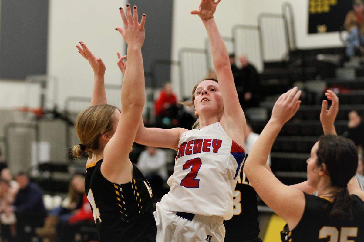 Cheney sophomore Kylee Scheer tosses up a shot during the Cardinals’ 40-34 win over Andale in the first round of the 2019 Wildcat Classic in Haven on Thursday night. (Jan. 24, 2019)