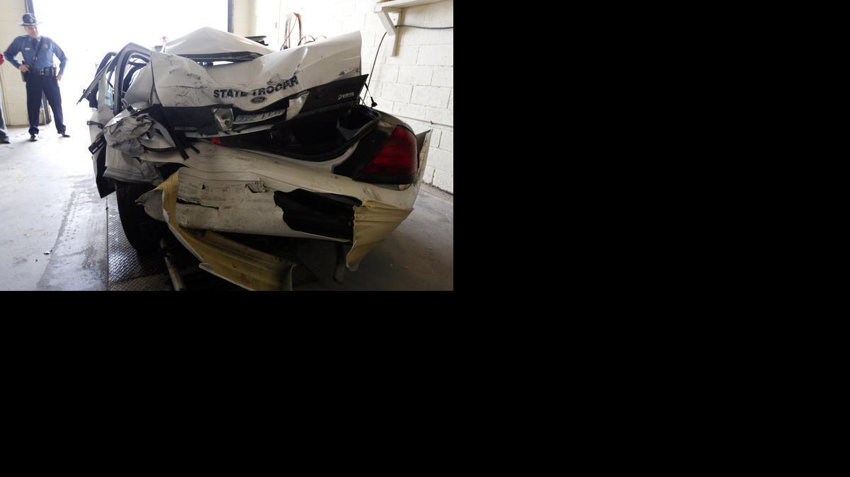 Da’Von Brame, a 36-year-old Kansas Highway Patrol trooper, was seriously injured Tuesday night when his patrol car was rear-ended while stopped behind a semi on the shoulder of the Kansas Turnpike in east Wichita. This is the rear of his car. (March 26, 2014)

