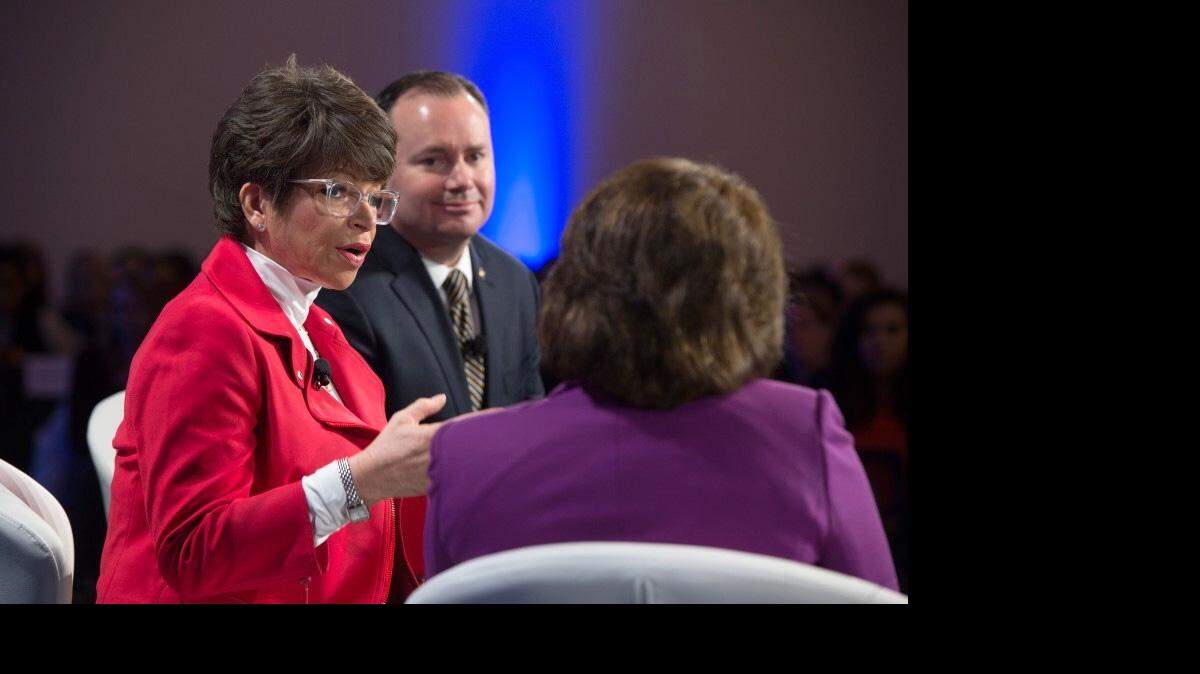 Valerie Jarrett, senior adviser to President Obama, makes a point while Sen. Mike Lee, R-Utah, and Washington Post reporter Sari Horowitz listen during a panel discussion on criminal justice reform in February. 