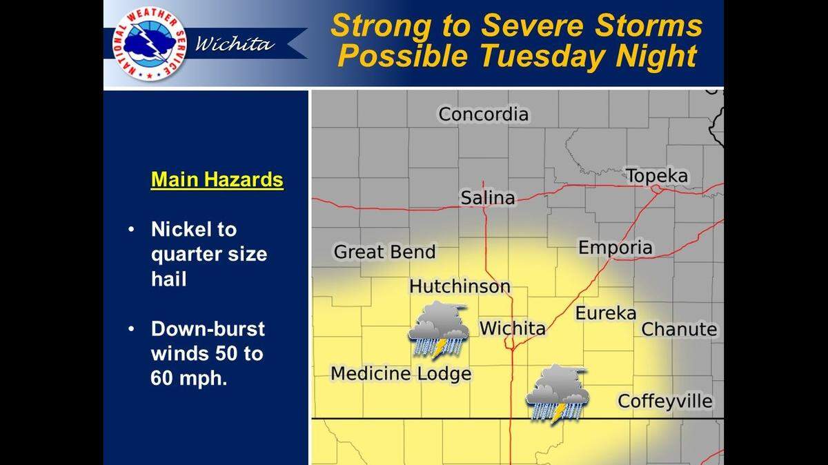The National Weather Service predicts storms Tuesday night in Kansas could bring rain, hail and wind to the Wichita area.