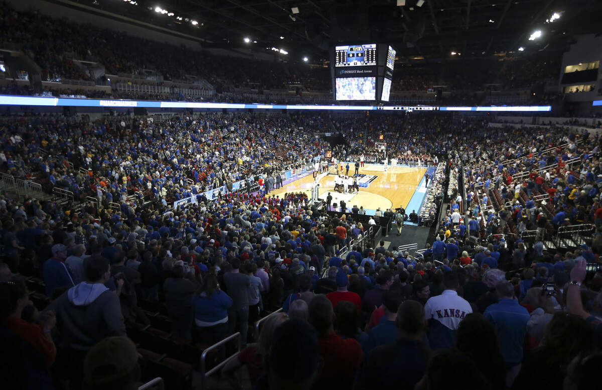 Fans pack INTRUST Bank Arena for Kansas’ first-round NCAA tournament game against Penn in March 2018. Wichita hopes to make March Madness an annual tradition by becoming a permanent opening-round host.