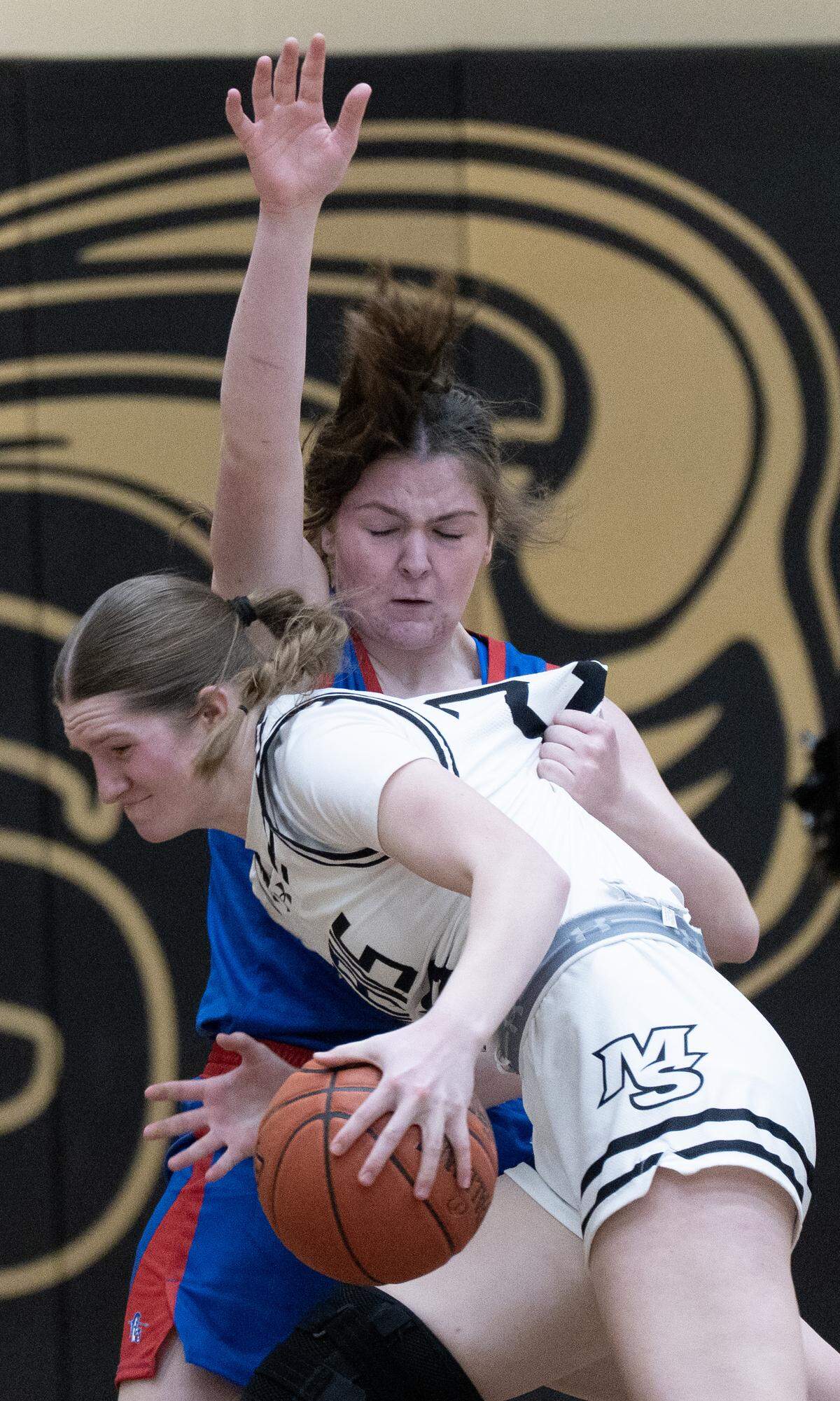 Andover’s Brynn Eilert posts up against Maize South’s Kaylee Brunton.
