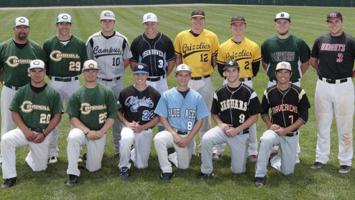 All-Metro Baseball -- Back row: Carroll coach Charlie Ebright, Braden Larkey, Carroll; JC Baxley, Campus; Trevor Hughes, Eisenhower; Mitchell McIntyre, Northwest; Jared Gates, Northwest; Garrett Rankin, Derby; Grant Watkins, Heights.
Front row: Mack Gowing, Carroll; Bryce Whitchurch, Carroll; Ben Strickfaden, Independent; Adam Wasson, East; Lucas Milner, Andover Central; Wesley Phillips, Maize South. (May 28, 2013)