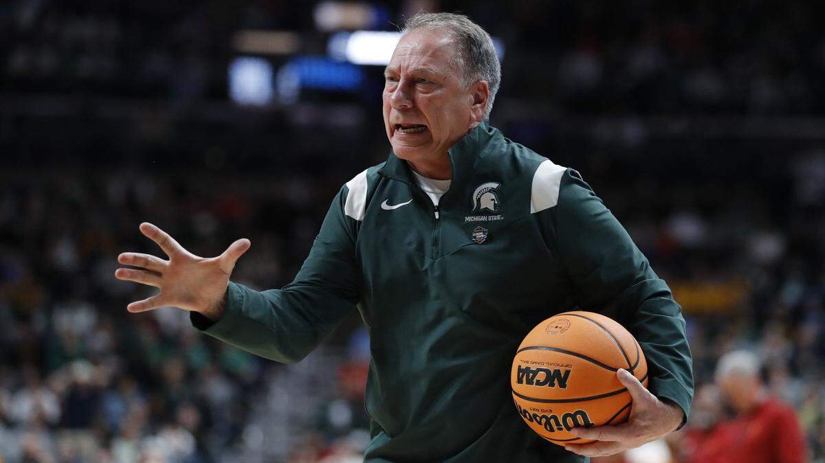 Mar 17, 2023; Columbus, OH, USA; Michigan State Spartans head coach Tom Izzo reacts to a play in the second half against the USC Trojans at Nationwide Arena. Mandatory Credit: Joseph Maiorana-USA TODAY Sports
