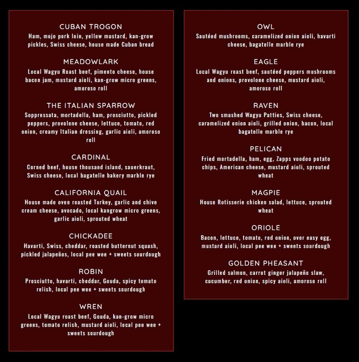 The sandwich portion of the Red Bird menu. See the full menu at www.redbirdsandwichco.com
