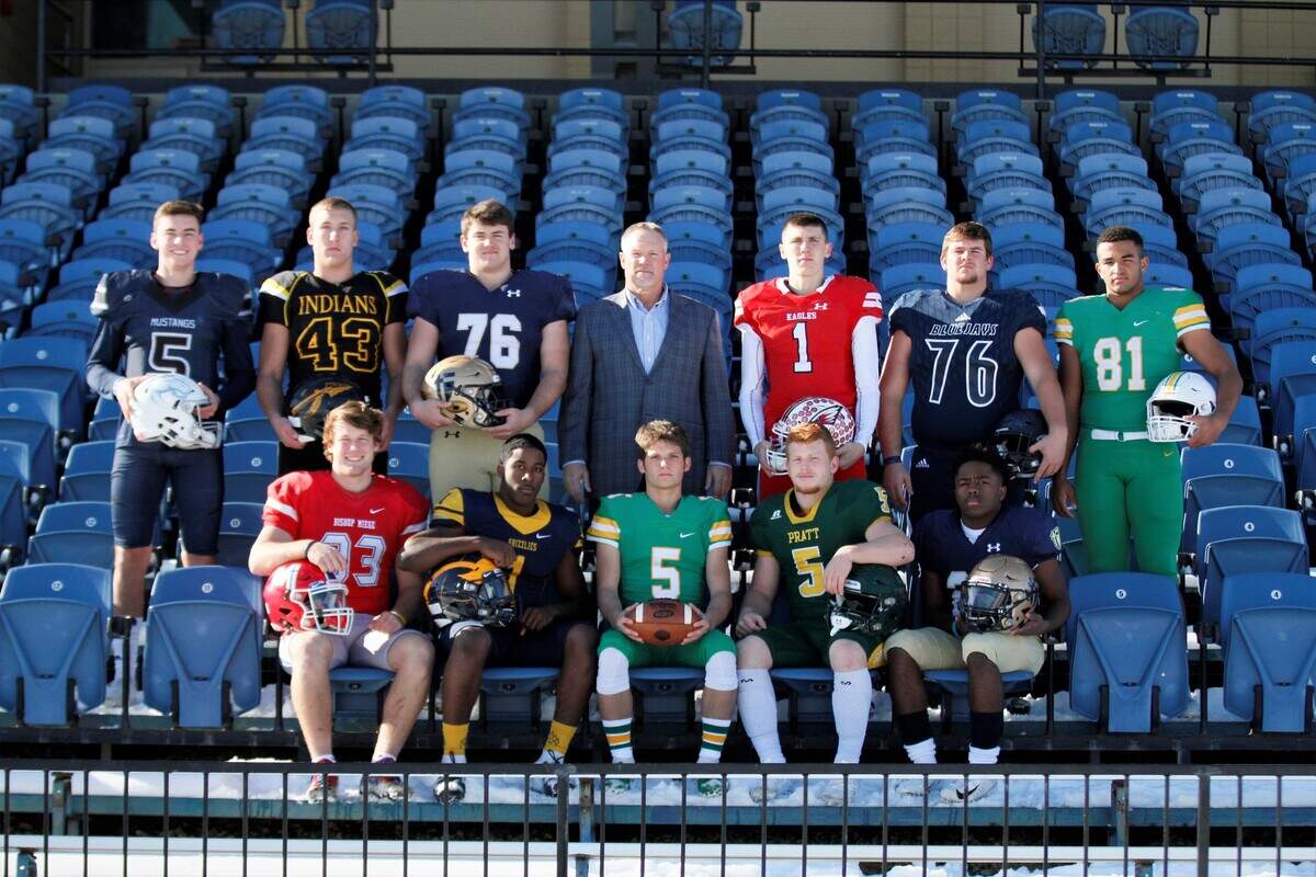 The Wichita Eagle’s 2018 Top 11. Bottom row (left to right): Dylan Downing, Bishop Miege; Breece Hall, Wichita Northwest; Hunter Igo, Derby; Travis Theis, Pratt; Tank Young, St. Thomas Aquinas. Top row (left to right): Graham Mertz, Blue Valley North; Mason Fairchild, Andale; Joe Michalski, St. Thomas Aquinas; Randy Dreiling, St. Thomas Aquinas; Caleb Grill, Maize; Elliott Strahm, Sabetha; Isaac Keener, Derby.