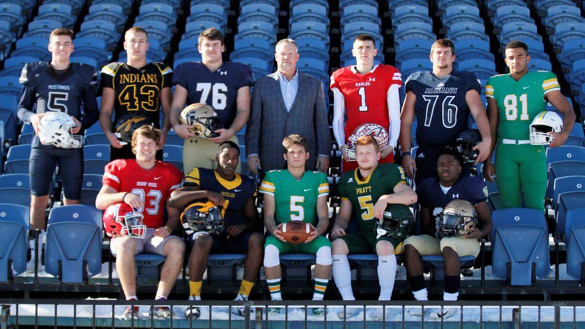 The Wichita Eagle’s 2018 Top 11. Bottom row (left to right): Dylan Downing, Bishop Miege; Breece Hall, Wichita Northwest; Hunter Igo, Derby; Travis Theis, Pratt; Tank Young, St. Thomas Aquinas. Top row (left to right): Graham Mertz, Blue Valley North; Mason Fairchild, Andale; Joe Michalski, St. Thomas Aquinas; Randy Dreiling, St. Thomas Aquinas; Caleb Grill, Maize; Elliott Strahm, Sabetha; Isaac Keener, Derby.