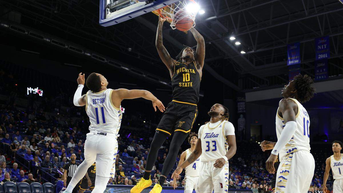 Wichita State has improved its offense in part by attacking the rim more aggressively, like this dunk by Jaykwon Walton in the win at Tulsa this past Sunday.