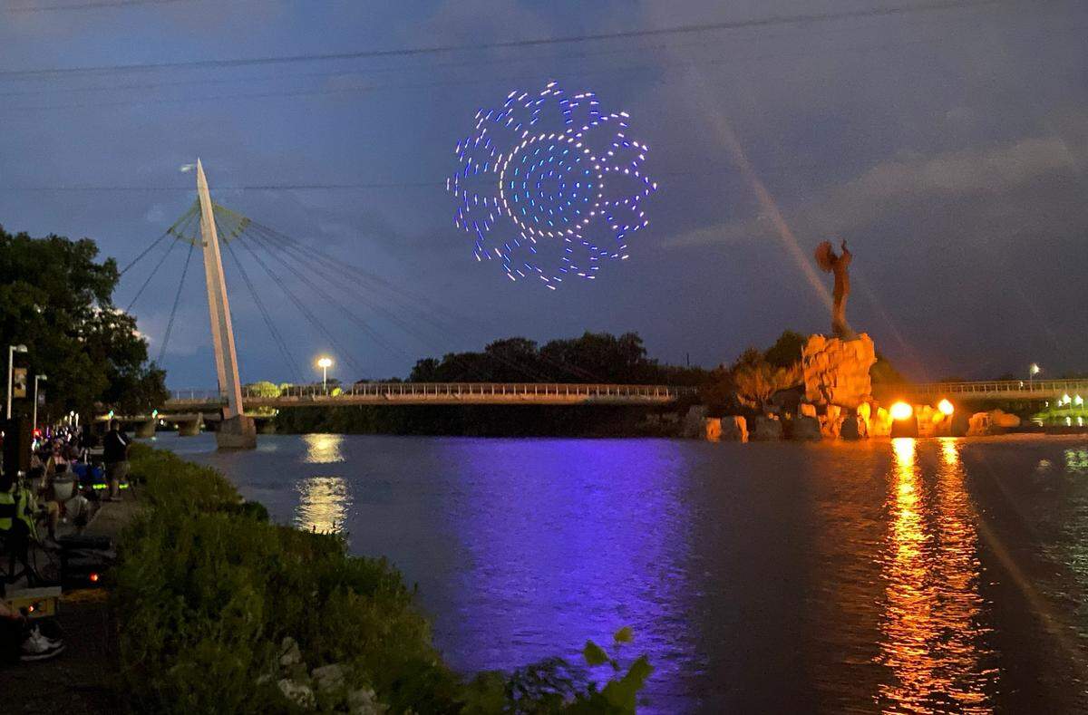 Exploration Place hosted Wichita's first drone light show created by a swarm of 200 illuminated, computer-controlled drones in 2022.