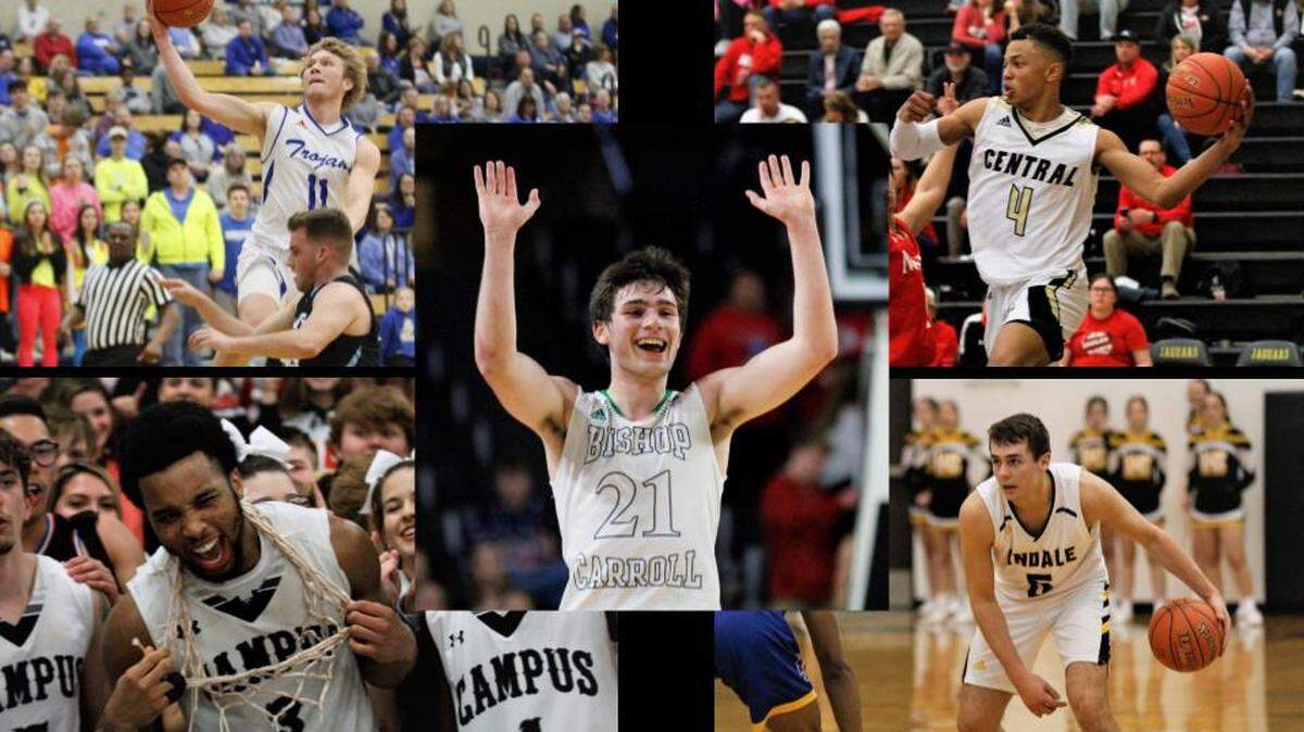 The 2019-20 Wichita Eagle All-Metro boys basketball team: Andover’s Jack Johnson (top left), Andover Central’s Xavier Bell (top right), Bishop Carroll’s Tanner Mans (center), Campus’ Sterling Gaston-Chapman (bottom left) and Andale’s Easton Hunter (bottom right)