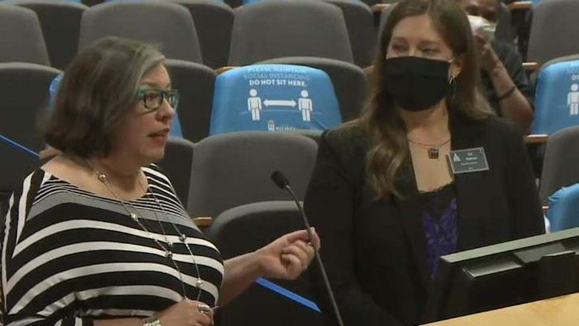 Kerry Wilks (left) and Liz Hamor of Equality Kansas testify to the Wichita City Council on an anti-discrimination ordinance their organization helped rewrite over the weekend