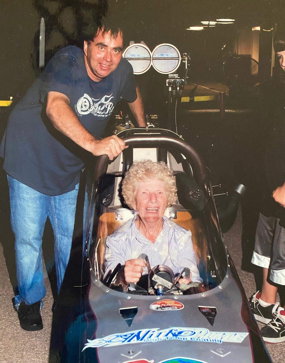 Racer Scott Palmer with the late Kansas International Dragway owner Helen Simon.