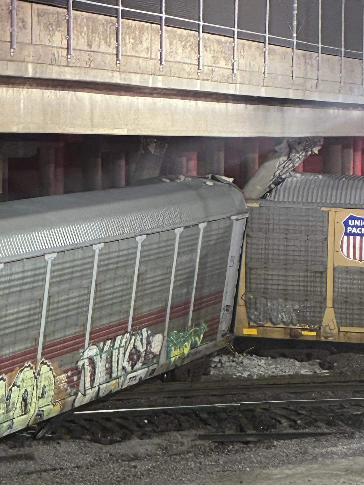 Around 10 train cars derailed on March 20, damaging the bridge support columns holding up northbound I-135.