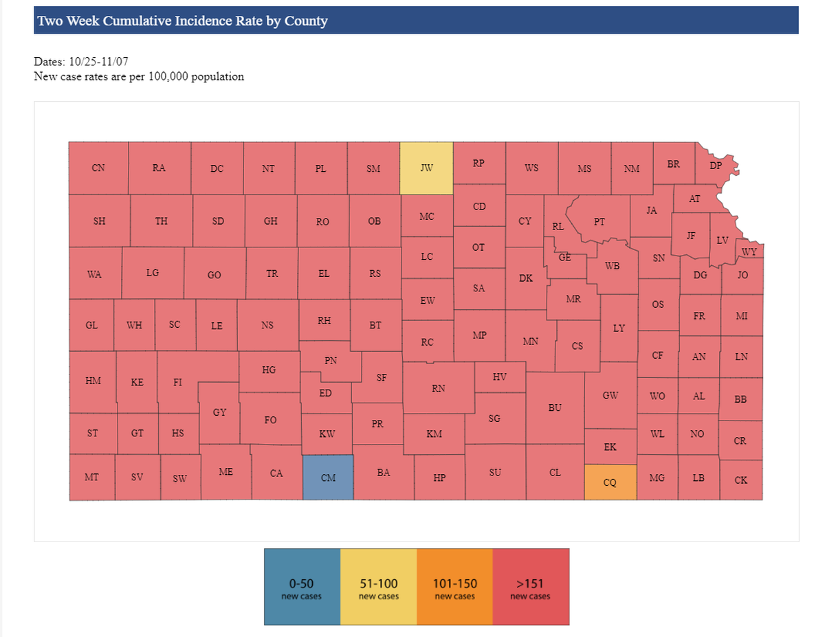 This map from the KDHE shows Kansas counties using a color-coded matrix for the rate of new COVID-19 cases compared to population. (Nov. 11, 2020)