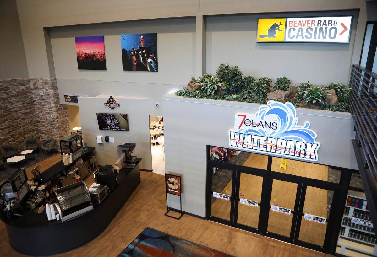 The first-floor snack bar and water park entrance at the 7 Clans Casino are visible from the second floor.