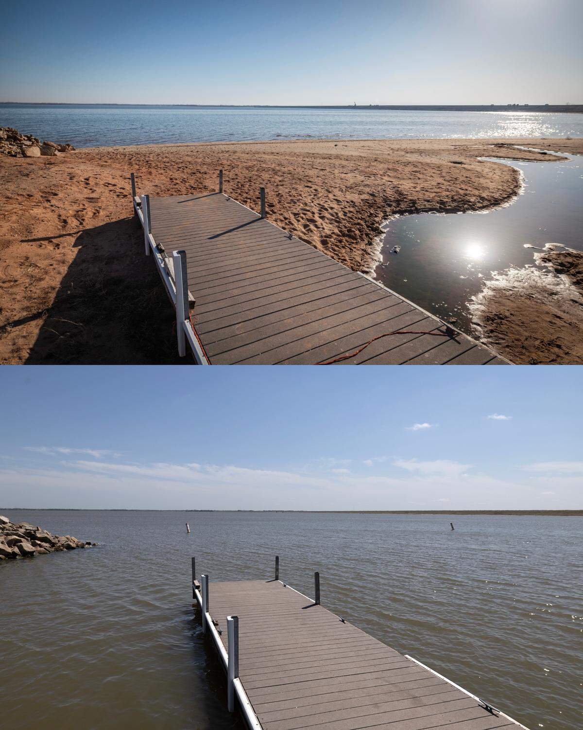 The difference in the water level at Cheney reservoir in four months is dramatic. The top photograph was taken on March 12 and the bottom photo was taken July 23.