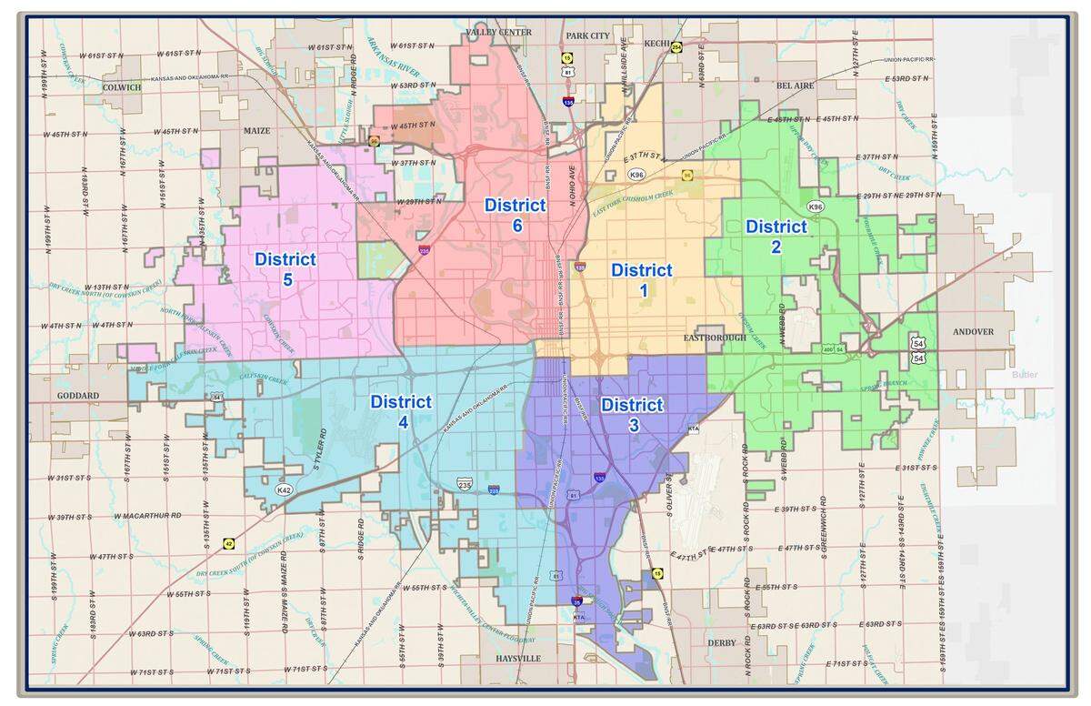 Wichita has six city council districts, each represented by one council member.