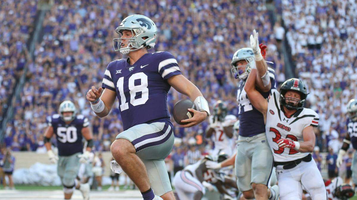 Kansas State Wildcats quarterback Will Howard (18) crosses the goal line for a touchdown during the second quarter against the Southeast Missouri State Redhawks at Bill Snyder Family Football Stadium on Sept. 2, 2023.