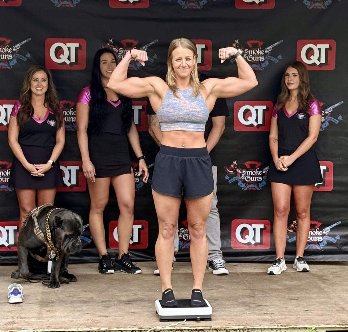 Carlye Anderson at her weigh-in Friday before Saturday’s QuikTrip-sponsored Smoke & Guns fight in Tulsa.
