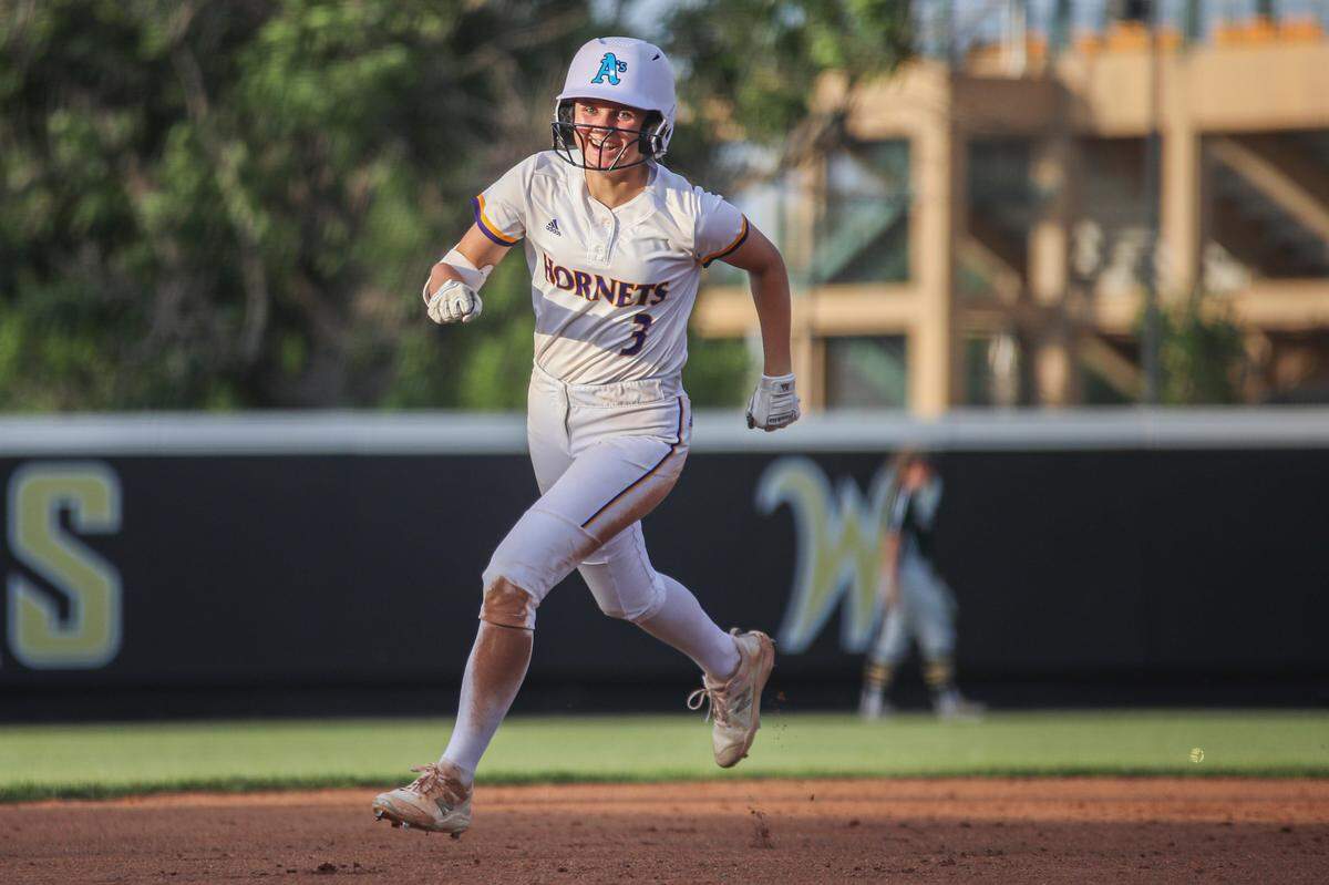 Valley Center junior Maci George heads for home to score against Basehor-Linwood in the 5A state championship game at Wilkins Stadium on Saturday, May 28, 2022.