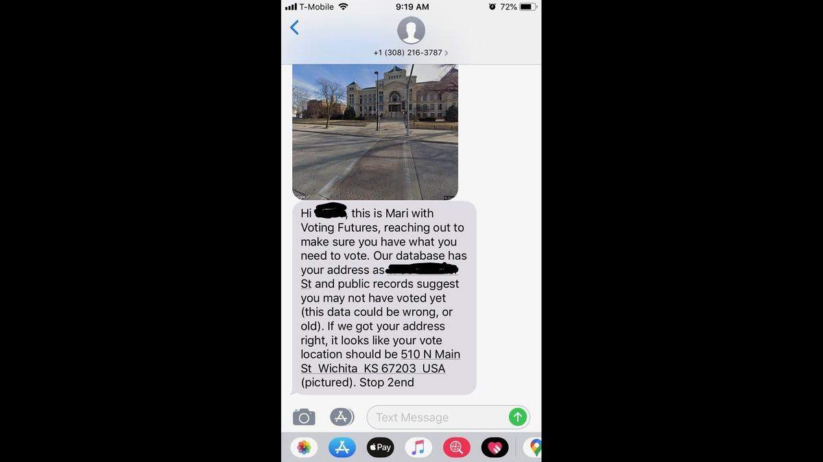 Some Kansas voters received text messages like this one Sunday providing misleading information about where to vote.