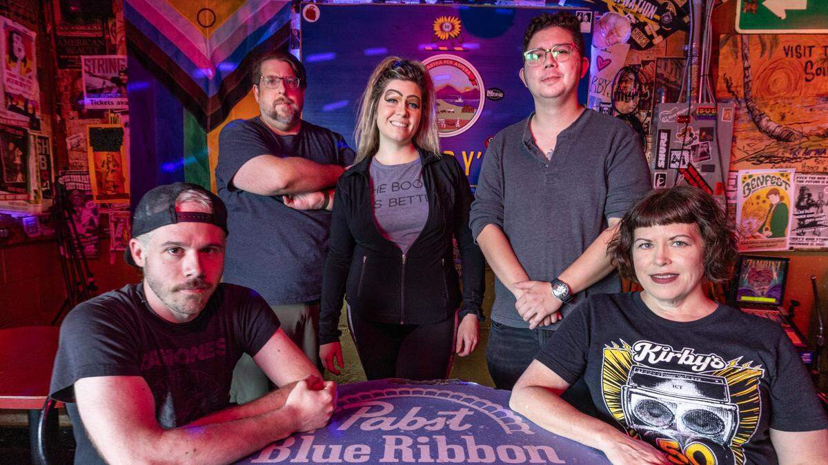 The five new owners of Kirby’s Beer Store, from left: Andrew Rutter, Eric Harrison, Mary Harrison, Will Morita and Jenny Osborn. Not pictured is Alex Thomas, the former majority owner who will now take on a minority stake in the bar and music venue.