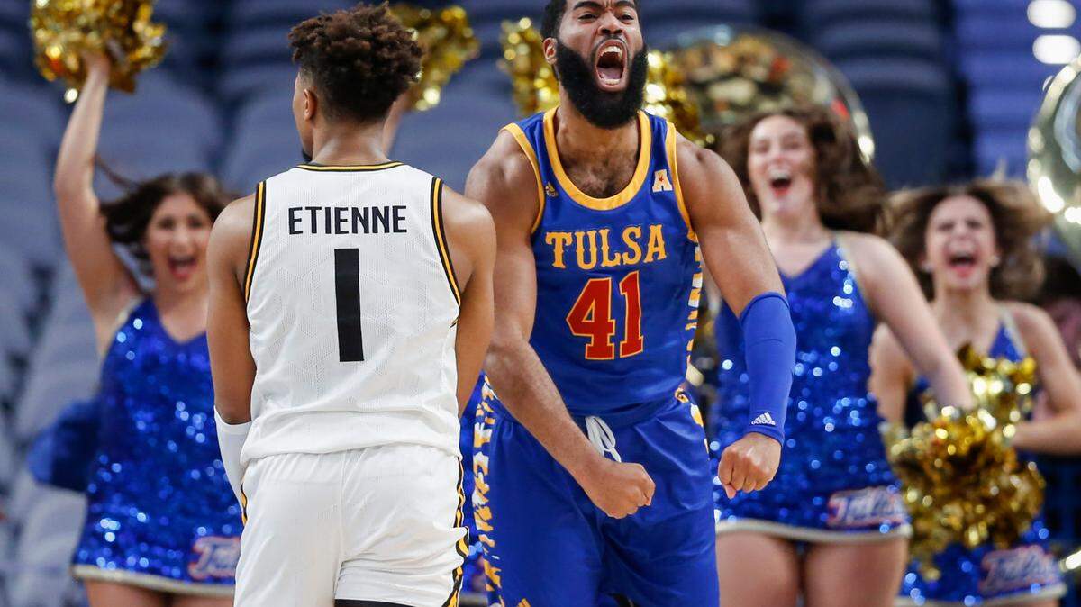 Tulsa’s Jeriah Horne celebrates a play in the second half of their game against Wichita State in the first round of the American Athletic Conference Tournament in Fort Worth on Thursday.
