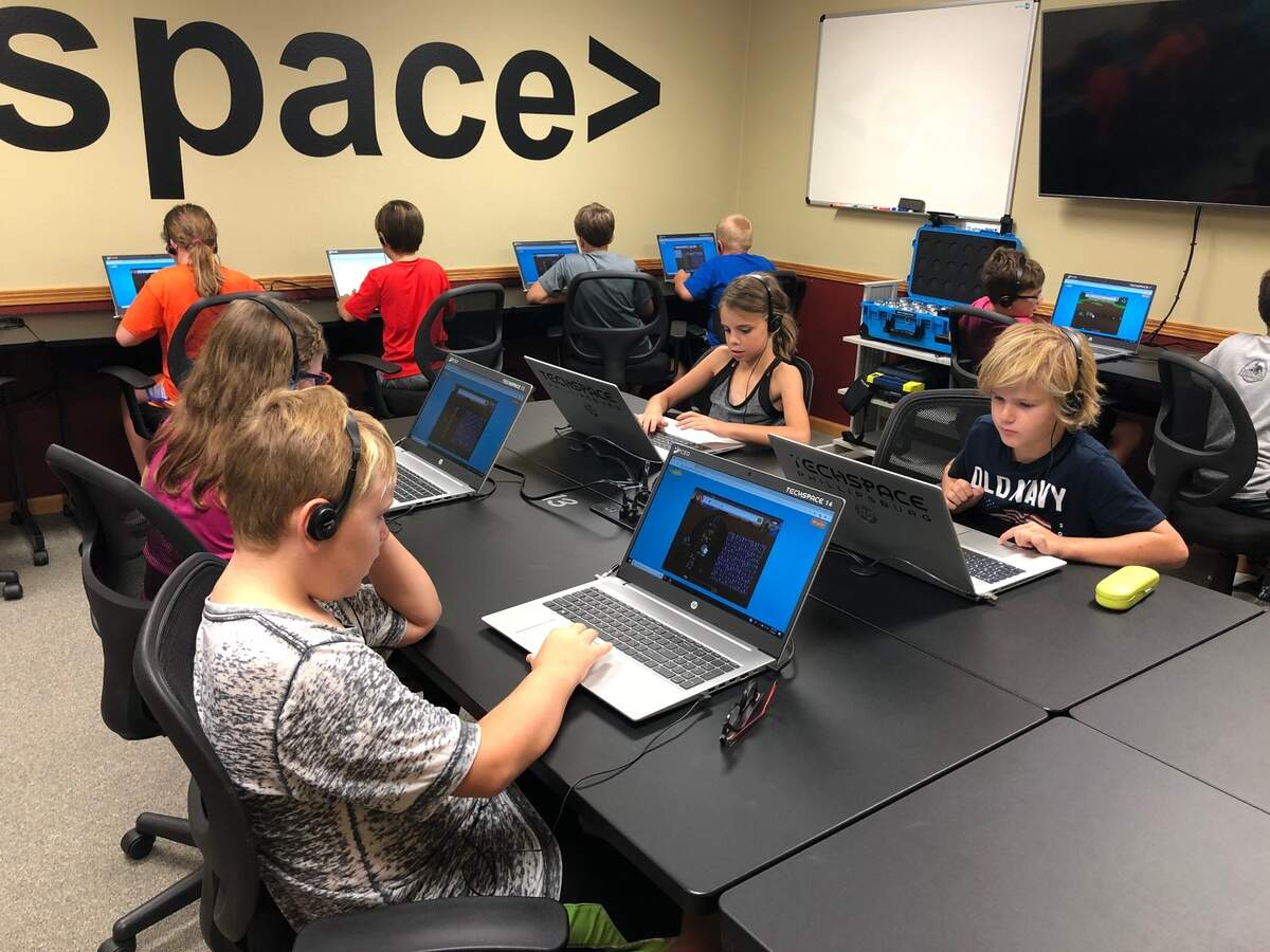 Students in Phillipsburg, Kansas use a new computer lab that opened before the pandemic. This photo was taken in 2019. It has 25 workstations with self-guided curriculum for computer science and coding.